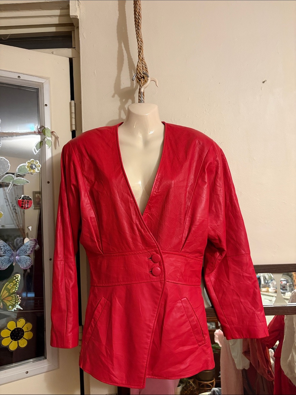 Danier Red Faux Leather Wrap-Front Jacket with Covered Buttons